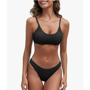 Fanuerg Women's Ribbed Bikini Sets Scoop Neck Cheeky Swimsuit Textured Two Piece Bathing Suit (Black, Medium)