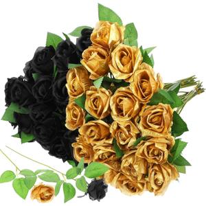 36 Pcs Black and Gold Flowers Centerpieces Silk Black and Gold Roses Bouquet Bridal Artificial Roses Bulk Fake Rose Long Stem Realistic Flowers for Wedding Bouquet Arrangement Centerpiece Party Decor
