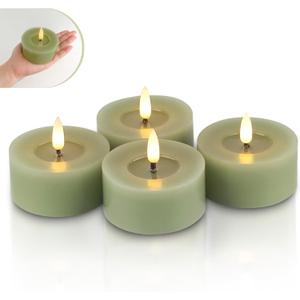 Rhytsing Set of 4 Sage Green Flamless LED Votive Candles Dia 2.8" with Reflective Wax Oil Surface for Spring and Summer, Wax Battery Operated Candles with Timer for Christmas Wreath - H 1.2"