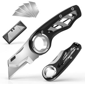 Folding Utility Knife Pocket Knife, Heavy-Duty Box Cutter with Anti Slip Finger Loop, Quick Change Blade Razor Knife, Box Cutters for Home, Office, Warehouse, Durable Razor Knife, Box Knife (Black)