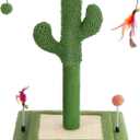YUNIQUE Cactus Cat Scratching Post with Sisal Rope, Small Cat Tree with Dangling Balls & Feather for Kittens (Green, 22.8'')