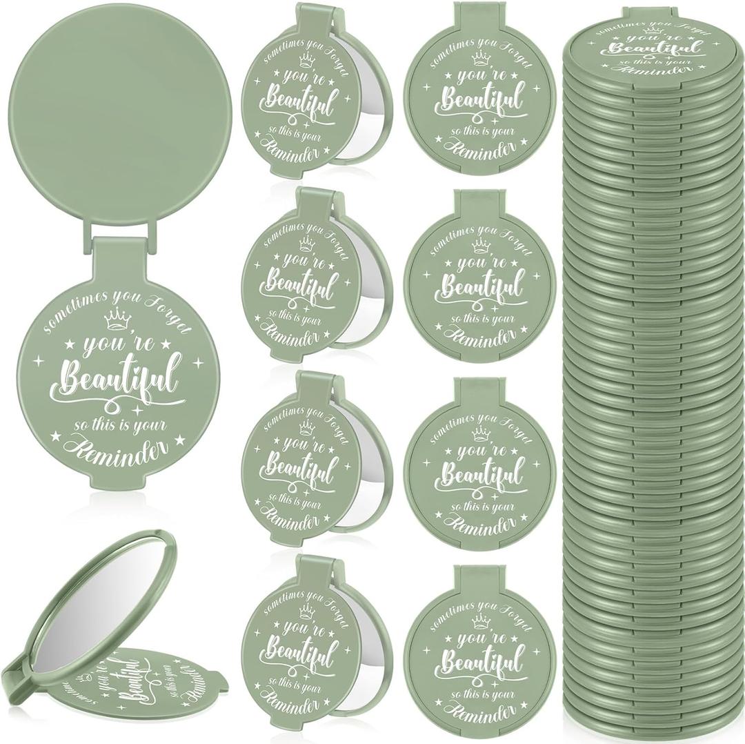 36 Pcs 2.76 Inch Inspirational Compact Mirror Bulk Party Favors Quinceanera Gift Purse Small Mirror Pocket Mini Gifts for Women Adult Coworker Halloween Christmas Friends (Sage Green)