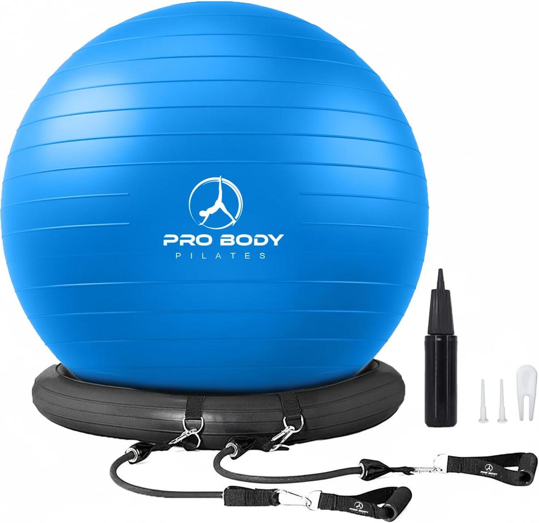 ProBody Pilates Yoga Ball Chair, Exercise Ball Chair with Base or Stand for Home Office Desk Sitting or Workout, 65cm Antiburst Balance & Stability Ball Seat, Large Gym Ball for Back, Abs (Blue with Bands)
