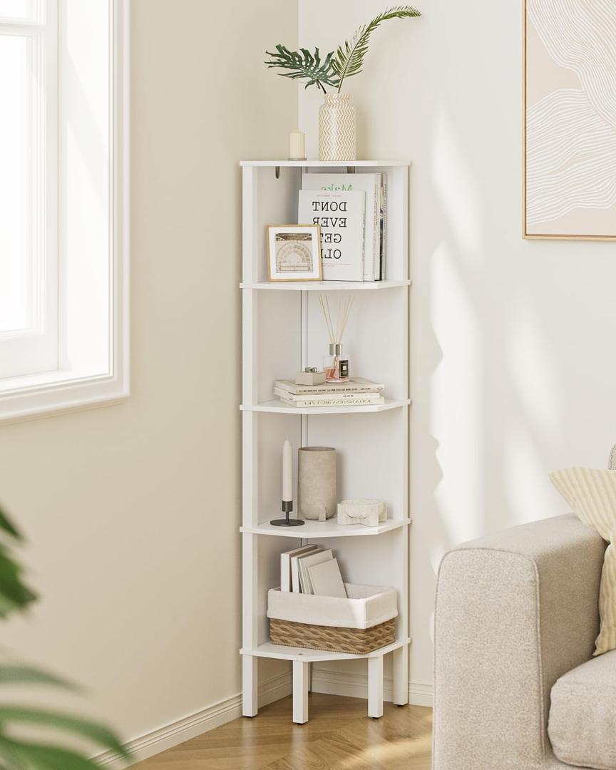 Corner Shelf, 5 Tier Corner Bookshelf, Display Corner Shelf Stand with Storage Rack, Wall Corner Bookshelf for Living Room, Bedroom, Office, White