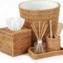 Cinnvoice 5 Pcs Boho Bathroom Accessories Set, Wicker Rattan Bathroom Decoration Includes Tissue Box Cover Toothbrush Holder Vanity Tray and Trash Can for Farmhouse Bedroom Toilet Countertop