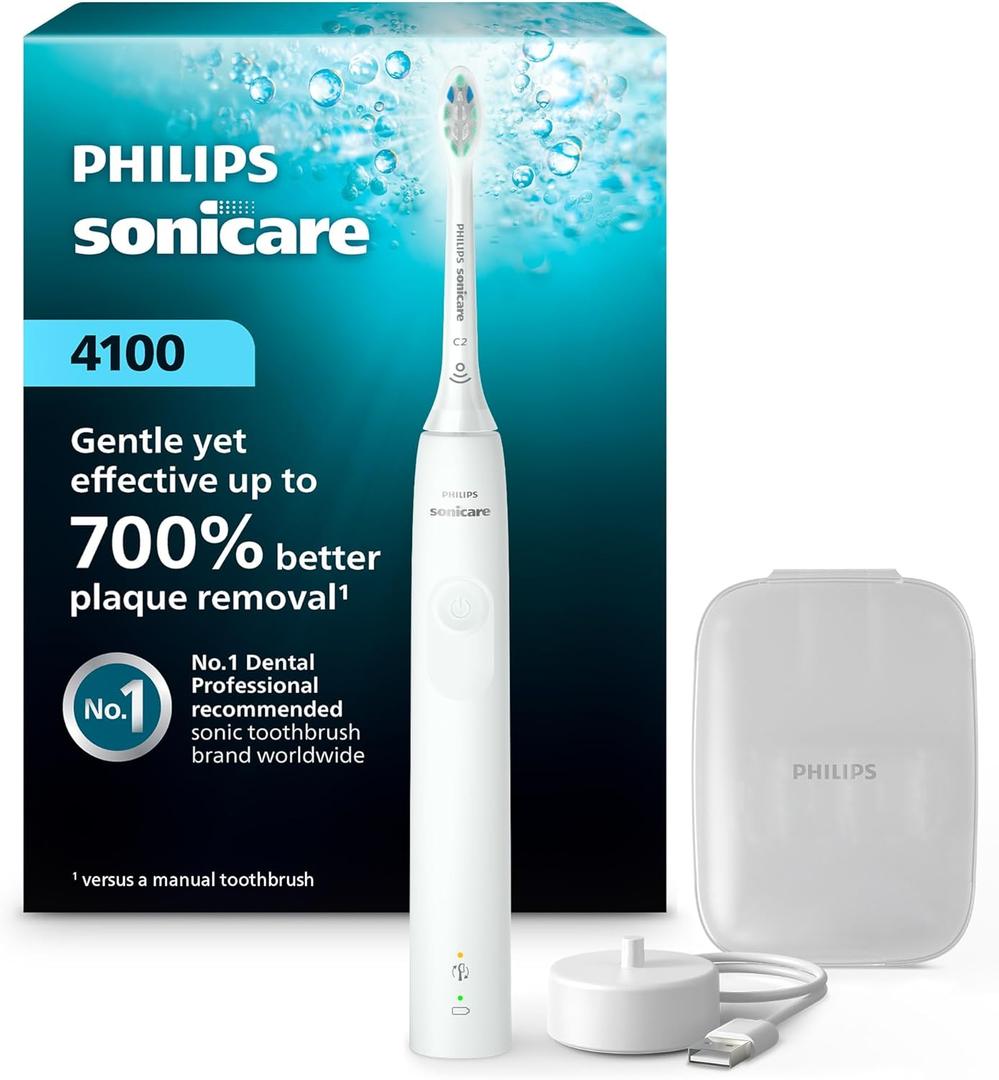 Philips Sonicare 4100 Rechargeable Electric Toothbrush, Advanced Plaque Removal, Pressure Sensor, Includes Brush Head Case, White BD5002AZ
