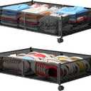 Under Bed Storage with Wheels, Foldable Metal Mesh Underbed Storage Container Bins, Tool-free Assembly Clothes Drawer Organizer,2Pack (Black)