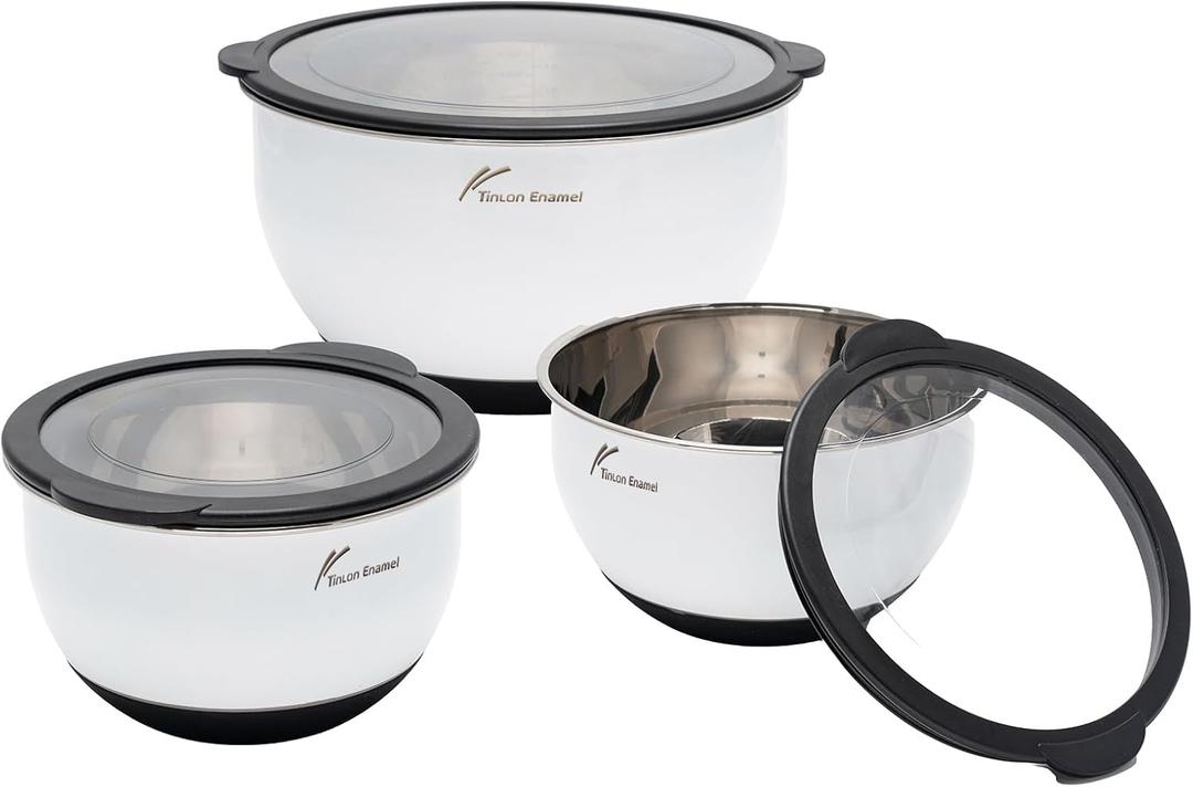 Tinlon Steel Mixing Bowls Set with Airtight Lids, Enamel Stainless Salad Bowls for Kitchen Space Saving Storage, Great for Cooking, Baking, Prepping, Size 1.5, 3, 5 QT