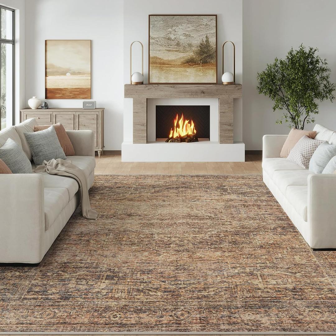 Fmfunctex 6x9 Washable Area Rug Rust Brown Vintage Neutral Distressed Oriental Large Non Slip Carpet for Living Room Bedroom Soft Low Pile Indoor Retro Throw Rug for Dining Room Kitchen Office Nursery