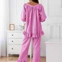 Flygo Womens Plaid Pajamas Sets 2 Piece Cotton Pj Set Puff Sleeve Ruffle Babydoll Shirt Gingham Pants Lounge Sets (Pink, XS)