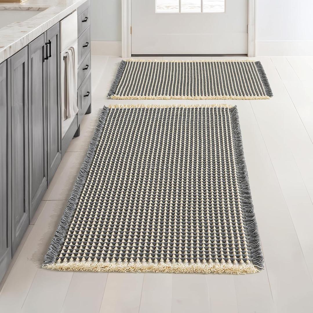 MIULEE Set of 2 Waffle Bathroom Rugs, Boho Bath Rugs Non Slip Washable, Super Absorbent Bath Mats, Ultra Soft Rubber Backed Shower Mats for Bathroom Floor, Tub, Dark Grey & Yellow, 17"x24"+18"x30"