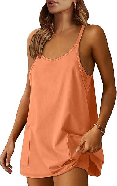 ANRABESS Women Athletic Dress Summer Tennis Workout Active Sports Mini Romper Dress Built in Shorts Travel Vacation Clothes (Medium, Orange)