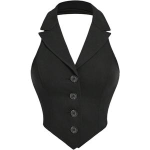 Women's Solid Asymmetrical Hem Backless Crop Tank Tops Sleeveless Casual Button Front Crop Blazer Vest, Small