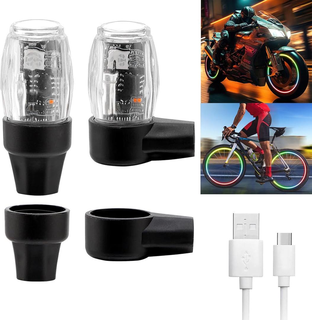 2 Pack Tire Lights for Car LED Wheel Light Valve Stem Cap Flash Light for Truck Motorcycle Bike Waterproof Rechargeable Tyre Spoke Lamp Glow in The Dark Reflector Accessories(Colorful)