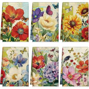 Tudomro 6 Pcs Oil Painting Flowers Kitchen Towels Spring and Summer Flowers Dish Towels Absorbent Soft Kitchen Fingertip Towels Colorful Flower Butterfly Towel Set 21x14 in for Holiday Seasonal Decor (Floral)