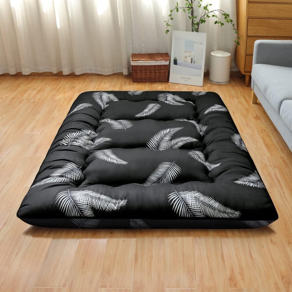 Japanese Floor Mattress, Japanese Futon Mattress Tatami Mat with Washable Cover, Easy to Store and Portable for Camping,(Black Feather,Queen)
