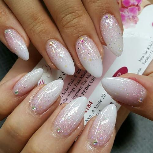 Almond Press on Nails Short Fake Nails with Glitter & Rhinestones Designs Glossy Nails Press White Gradient Glue on Nails Nude Full Cover Artificial Stick on Nails for Women 24 Pcs