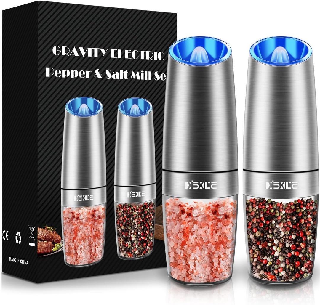 Gravity Electric Pepper and Salt Grinder Set, Salt and Pepper Mill & Adjustable Coarseness, Battery Powered with LED Light, One Hand Automatic Operation, Stainless Steel (Set/Silver) (2.5*2.5*7.9inch)