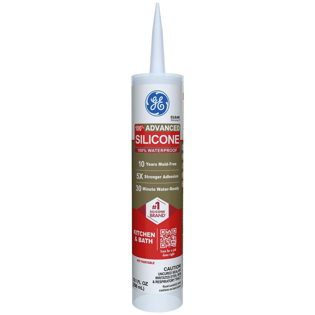 GE Advanced Silicone Caulk for Kitchen & Bathroom - 100% Waterproof Silicone Sealant, 5X Stronger Adhesion, Shrink & Crack Proof - 10 oz Cartridge, Clear, Pack of 1