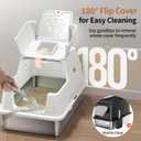 Stainless Steel Cat Litter Box with Lid, 180 Flip-Top XL Extra Large Enclosed Litter Box, Covered Metal High Sided Litter Pan with Steps & Scoop, Easy Cleaning, Odor Control,Non-Sticky-White