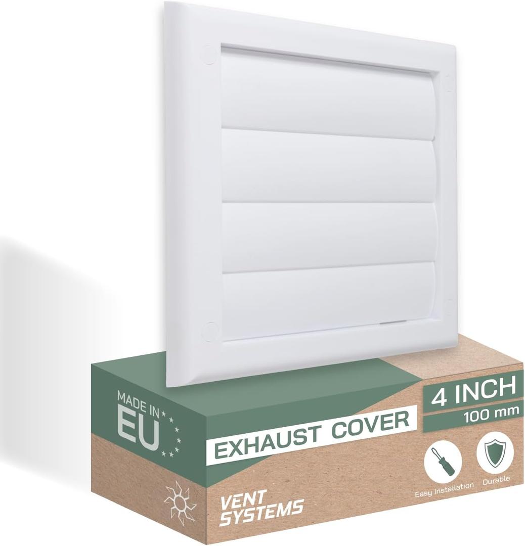 Vent Systems 4" Inch (7.5" x 7.5") Exhaust Vent Cover - White - Dryer Vent Hood - Louvered Dryer Duct Vent Cover - Vent Hood Cap - One-Directional Plastic Air Exhaust Grille