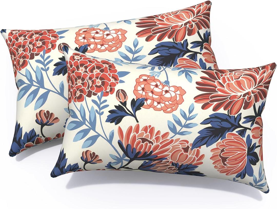 Outdoor Lumbar Pillows 12x20 Inch, Water Repellent Cushion Pillows, Outdoor Pillows with Inserts for Home Garden Pack of 2, Red Chrysanthemum