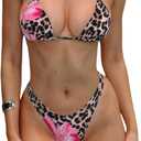 MakeMeChic Women's Halter Triangle Thong Bikini Sets High Cut Swimsuit Bathing Suit Swimwear (S, Brown Leopard Flower)