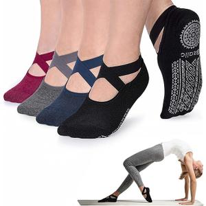 Ozaiic Pilates Socks for Women Non Slip Grip, Yoga Socks with Grippers for Barre, Hospital, Ballet, Dance, Barefoot Workout 4 Pack