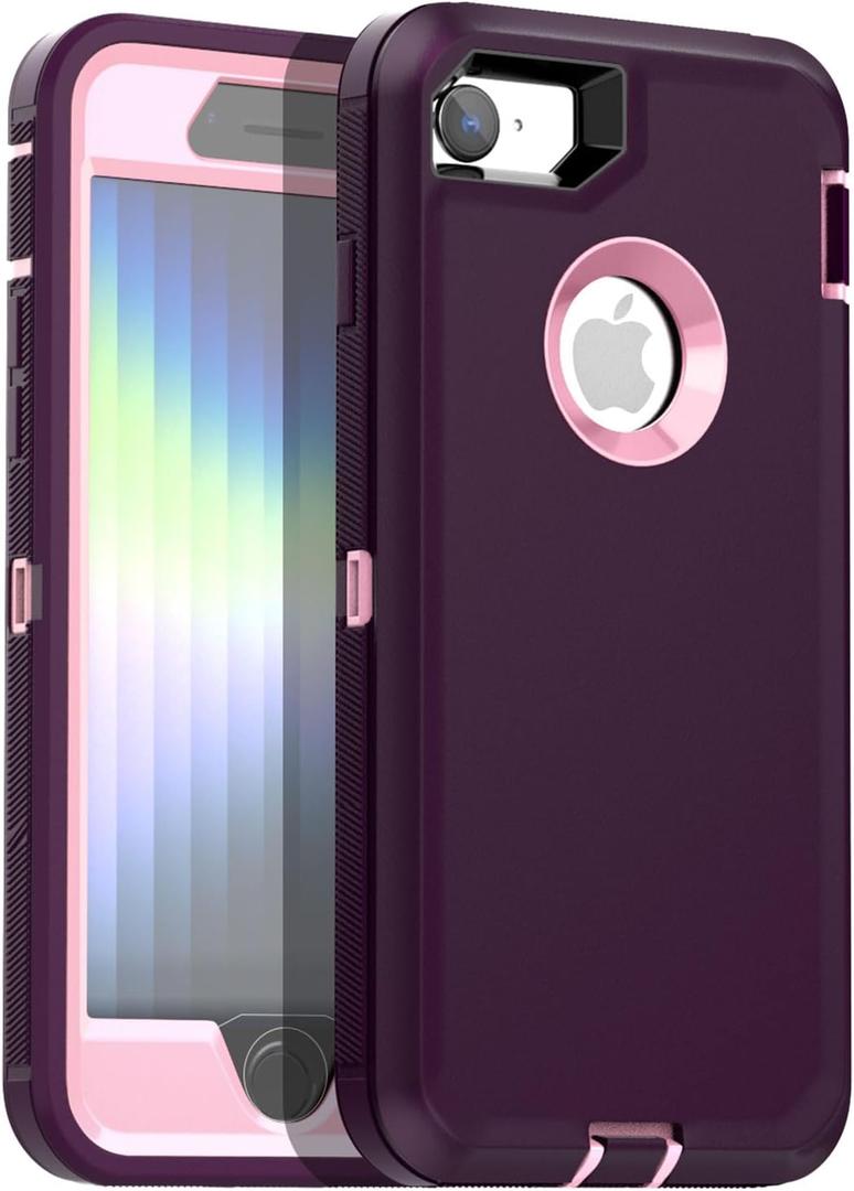 3 x AICase for iPhone SE 2022/3rd/2020/8/7 Case with Built-in Screen Protector,Heavy Duty Drop Protection Full Body Rugged Shockproof/Dust Proof Military Protective Tough for iPhone SE 2022/2020/8/7_8 (Night Purple/Pink(built-in film))
