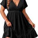 Yonique Plus Size Swimsuit Cover Up Women - V Neck Swimwear Short Sleeve Coverups Ruffle Hem Beach Dress 2026, Black, 14W