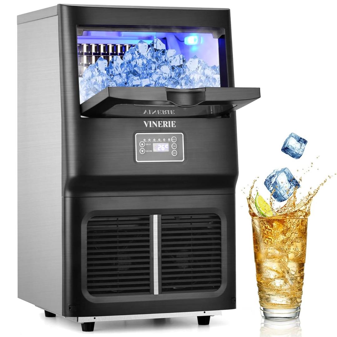 VINERIE Commercial Ice Maker Machine, 100lbs/24H, ETL Approved, Clear Cube, LED Panel, Stainless Steel Auto Operation, Freestanding & Built-in Ice Maker