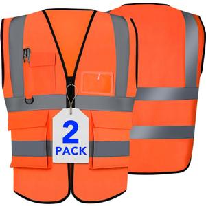 XPCARE 2-Pack Hi Vis Reflective Safety Vest with Pockets, High Reflective Strips Zipper Work Vest for Men and Women, Orange(X-Large)