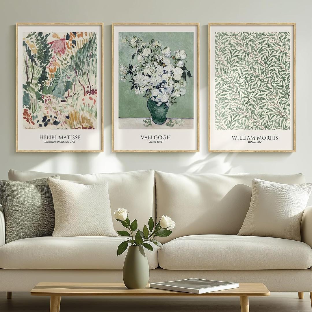 Framed Large Matisse Wall Art for Living Room and Bedroom, Set of 3 Piece Vintage Sage Green Canvas Painting Artwork for Walls, William Morris Botanical Floral Wall Art Prints for Guest Room, Bathroom, Hallway, Home Office Wall Decor, 16x24 Inch 