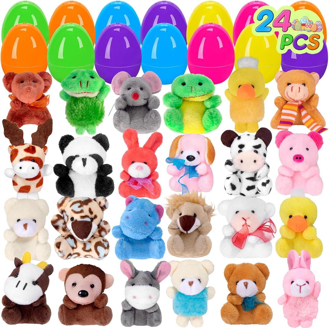 24 PCS Prefilled Easter Eggs with Mini Plush Animals Toys Easter Basket Stuffers/Fillers for Kids Toddlers Plastic Easter Eggs Stuffed Animals Gifts Eggs for Easter Egg Hunt Prizes, Party Favor