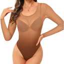 ZNVGIRL Women's Mesh Bodysuit Long Sleeve Sheer T Shirt Slim Fit Basic Body Tops(Nude,M)
