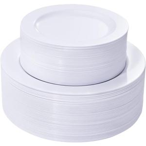 FLOWERCAT 100PCS White Plastic Plates-Heavy Duty White Disposable Plates for Christmas/Easter/Party/Wedding -Serve 50 guests 10.25inch & 7.5inch
