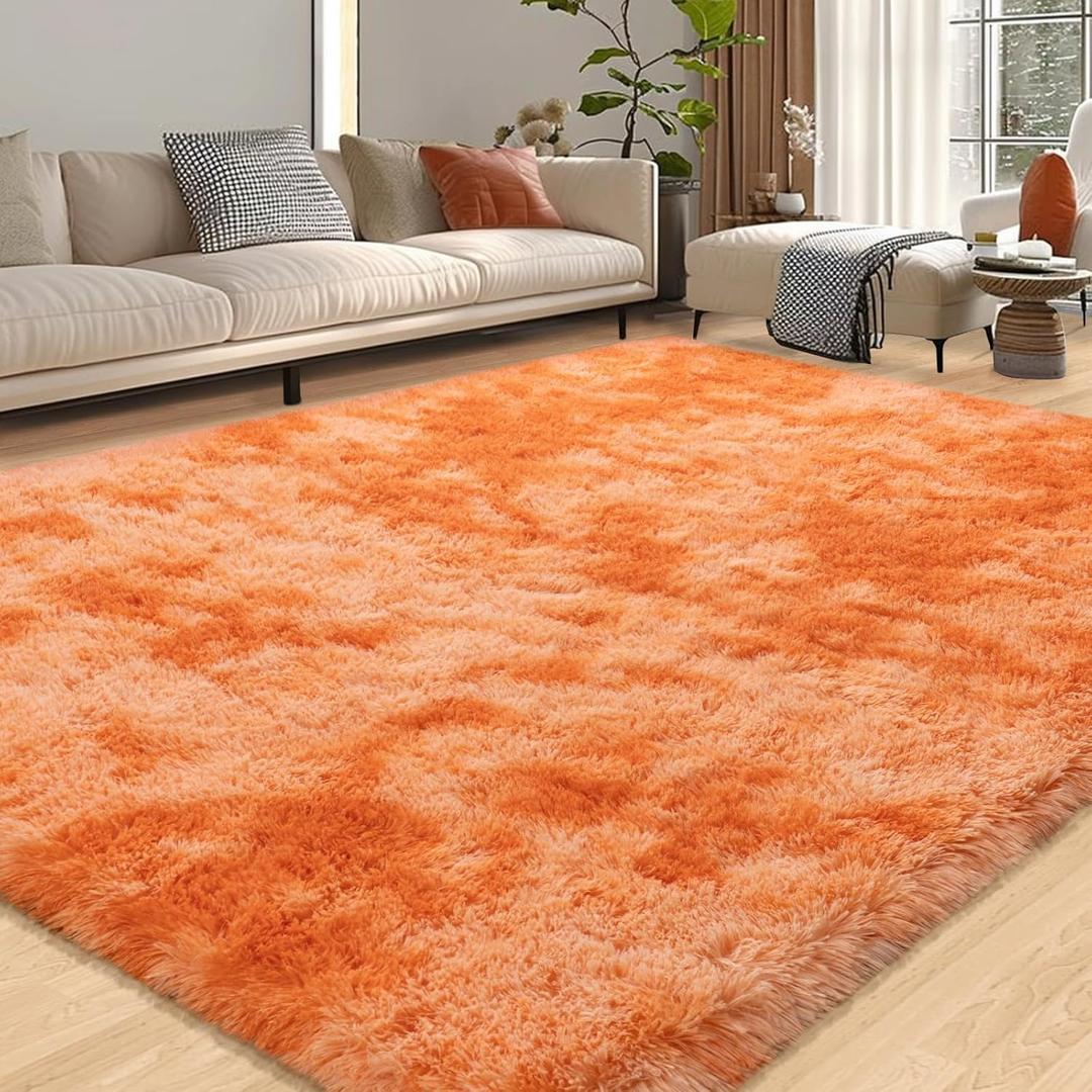 Large Shag Rugs 8x10 Feet Fluffy Rug for Living Room, Big Soft Orange Tie Dye Fuzzy Plush Shaggy Rugs for Bedroom Girls Kids Room Dorm Indoor Modern Home Decor