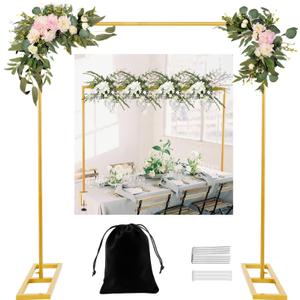 8.2 FT Wedding Arch Rectangle Stand Square Backdrop Stand , Extra Clamps to Table Rod Stand, Adjustable Photo Booth Background Kit, Balloon Arch Stand for Birthday Party Baby Shower Decor,Gold