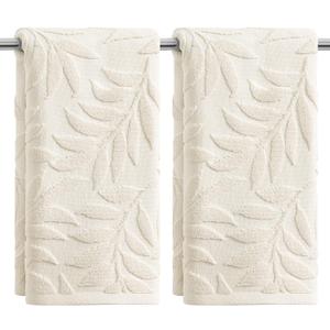 Artoid Mode 2 Pcs Beige 3D Leaves Jacquard Hand Towels for Bathroom, 100% Cotton Soft Absorbent Bathroom Decor Towels, 13.7 x 29.5 Inch