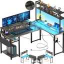 Aheaplus Small L Shaped Gaming Desk with LED Lights & Power Outlets, Reversible L-Shaped Computer Desk with Monitor Stand & Storage Shelf, Corner Desks Home Office Desk with Storage Bag, Grey Oak