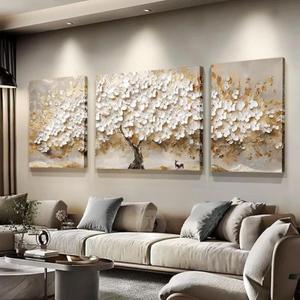Gold Blossom Floral Plant Set of 3 Framed Art Paintings Artwork Tree Flower Wall Art Painting on Canvas for Living Room Wall Decor 64" W x 24" H