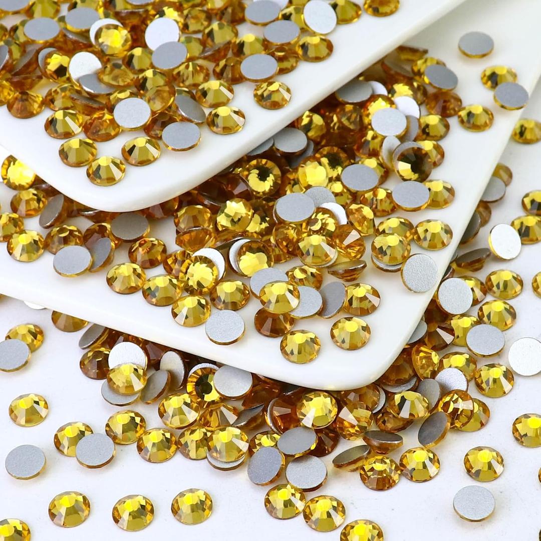 1440PCS SS10 Crystal Glass Flatback Rhinestones, Round Flat Back Crystal Gems for Nail Art and Craft Clothes, Glue Fix Diamond Stones Topaz Gold (2.7-2.8mm)