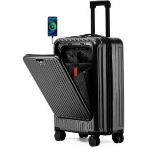 Mini 20inch Carry On Luggage 22x14x9 Airline Approved, ABS+PC Hard Shell Suitcases with Front Pocket, Carry On Suitcases with Cup Holder, USB Port, TSA Lock, Capacity 33L, Black