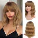 Short Brown Wavy Wig with Bangs for women Light Brown Curly wig Shouder Length Bob Curly Wavy Wig Ombre Brown Wig with Dark Roots Synthetic Natural Wavy Heat Resistant Fiber Hair for Daily Use 14 Inch