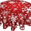 Merry Christmas Red Tablecloth Round 60 Inch, Winter White Snowflakes Polyester Circle Table Cloth Wrinkle Stain Resistant Washable Table Cover for Kitchen Room Party Picnic