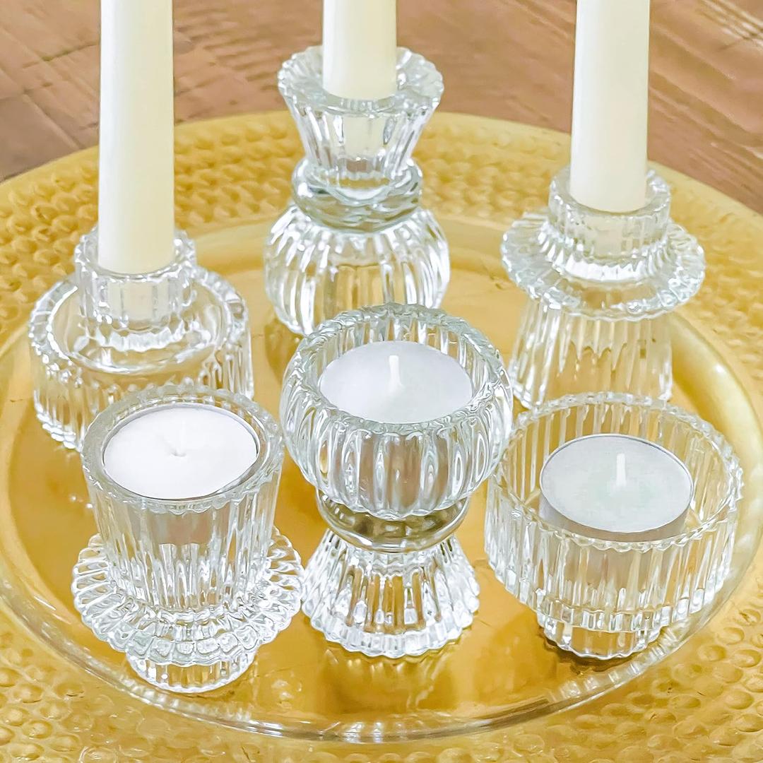 Kate Aspen Vintage Ribbed Glass Black Candlestick Holders, Pillar Candle, Tealight & Votive Candle Holders (Set of 6, 3 Assorted Sizes), Dining Table Decor, Shelf Decor, Centerpiece (Clear)