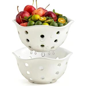 Gomakren Fruit Basket Set of 2, Ceramic Fruit Bowl Berry Basket with Holes, 7.6 Inch Fruit Containers Colander for Fridge - Farmhouse Kitchen Decor, Mothers Day Gifts, Cream White