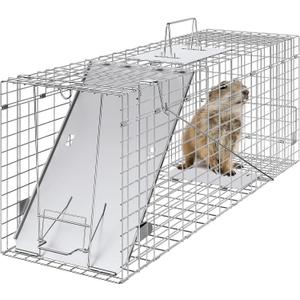 VEVOR Live Animal Cage Trap, 31" x 10" x 12" Humane Cat Trap Galvanized Iron, Folding Animal Trap with Handle for Rabbits, Stray Cats, Squirrels, Raccoons, Groundhogs and Opossums