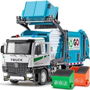 HAPYAD AUTO-Lift Function Garbage Truck Toys Metal Cab, Trash Truck Toy Set with Lights and Sounds Includes 3 Dumpsters, Birthday Gift for Kids Boys Toddlers (Blue)