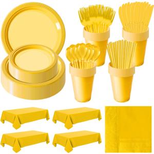 Disposable Plastic Dinnerware Set-484PCS Plastic Plates Set Includes 60 Of Each Dinner  Dessert Plates, Cups, traws, Spoons, Forks & Knives for Party (Yellow, 484PCS60 Guests)